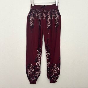 Burgundy Smocked Waist Pants Boho Harem Lounge Pattern Festival Size Small